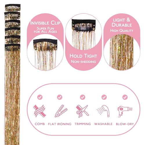 Image of WENNALIFE Hair Tinsel Clip In for Girls Gold, 6pcs 24 inch Clips Tinsel Hair Extensions Clip in Colorful Glitter Clips Sparkle Fairy for Kids