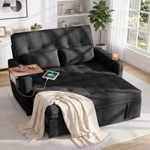 Image of Dreamzie 54'' Convertible Sleeper Sofa Bed with Swivel Side Table, Chenille Pull Out Couch for Living Room, Loveseat Sleeper Couch with Side Pocket | Charging Port | Cup Holder, Black