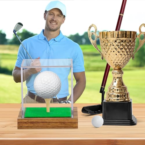 Image of Hooqict 2 Pack Golf Ball Display Case Clear Acrylic Golf Ball Case Display with Wood Base & Tee Ball Holder Stand UV Protected Square Cube Box Golfball Collections