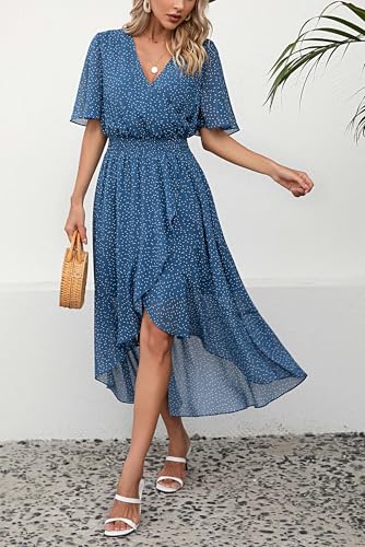 Image of Kormei Womens Short Sleeve Floral Maxi Dress High Low V-Neck Flowy Party Long Dresses