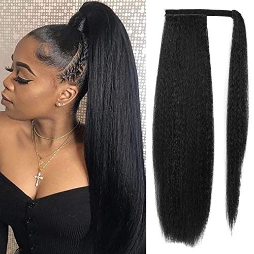 Long Ponytail Extension 24 Inch Clip-in Kinky Straight Ponytail Extension Wrap Around Synthetic Yaki Ponytail Magic Paste Ponytail Hairpiece for Women (Color: 1#)