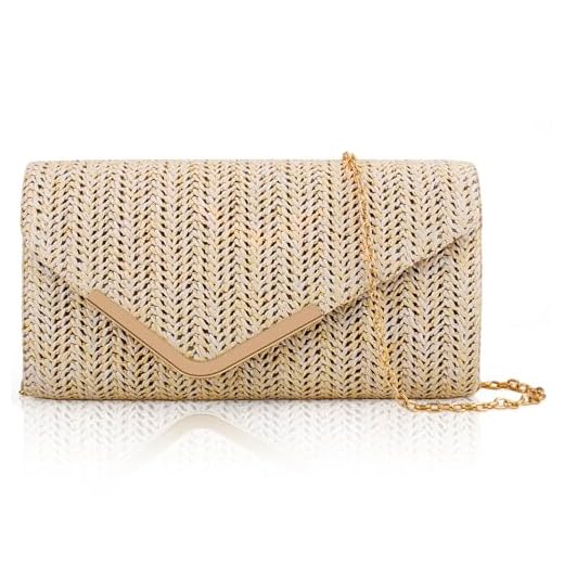 Larcenciel Pochette Donna Bohémien, Borsa Paglia a Busta con Catena, Borse Mare Fatte a Mano, Elegante Borsa a Tracolla Donna Intrecciata per Spiaggia Estiva, Festa, Vacanza, 22×11×4CM