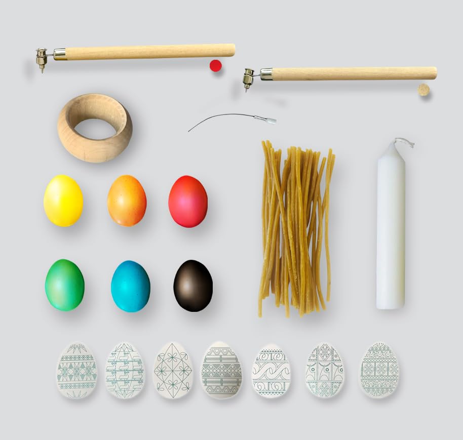 Ukrainian Pysanka Easter Egg Decorating Kit #2S Pysanky Tradional Art Supply with 2 Kistkas Wax Pens ( Fine+Heavy) with Syringe Needle Tips Clear Wax Spaghetty Sticks 9 Dyes Stand Cleaning Wire
