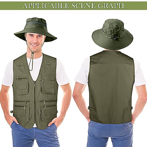 Janmercy 2 Pieces Men's Work Fishing Vest with Hat Lightweight Safari Travel Hunting Waistcoat With Multi Pockets Fishing Hat (Army Green,Medium) - Thumbnail 2
