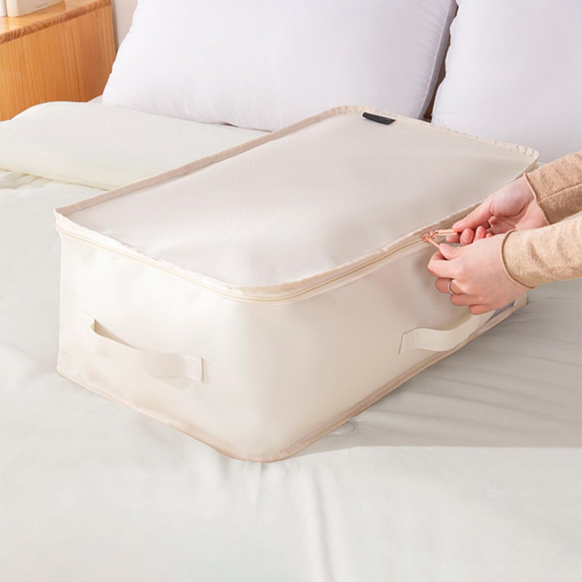 Gatuida Caja de Almacenamiento Plegable Beige Grande para Cama | Ventana Transparente, Oxford, Malla de Nailon y Pe, Cierre Cremallera, Armario Cama