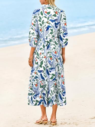 Image of Wenrine Womens Casual 3 /4 Sleeve Shirt Dress Button Down V Neck Tiered Collared Flowy Maxi Dress