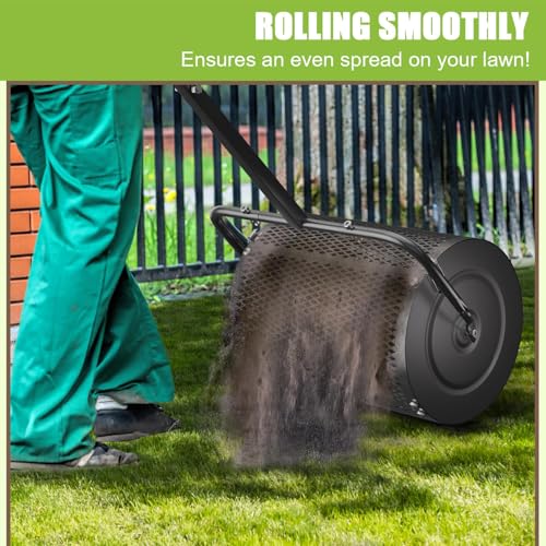 Heavy Duty Compost Spreader z łopatą, 1 Cu Ft Metal Mesh Barrel, ergonomiczny U-Handle & Side Latches do peat Moss Fertilizer Seed Garden Lawn Care, odporna na rdzę trwała konstrukcja