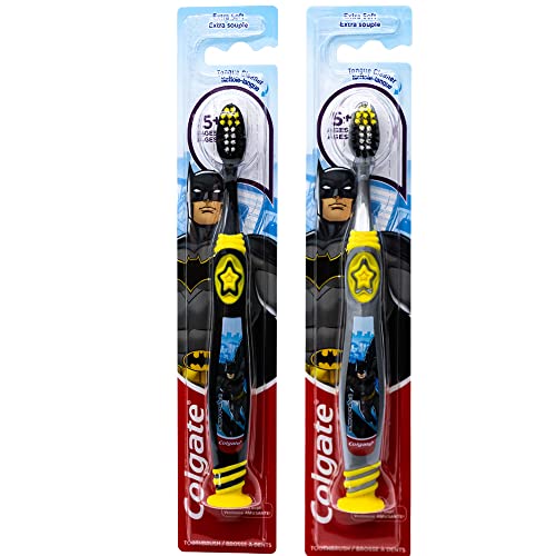 Colgate Batman Toothbrush for Children with Suction Cup, Kids 5+ Years Old, Extra Soft (Colors Vary) - Pack of 2
