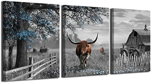 Yiijeah Blue Tree Brown Cow Canvas Wall Art 3 Piece Wall Decor Gray Rustic Dorm Wall Art Farmhouse Canvas Framed Picture Prints Wall Art for Cute Wall Decor for Bedroom Dining Room Pictures Wall Decor