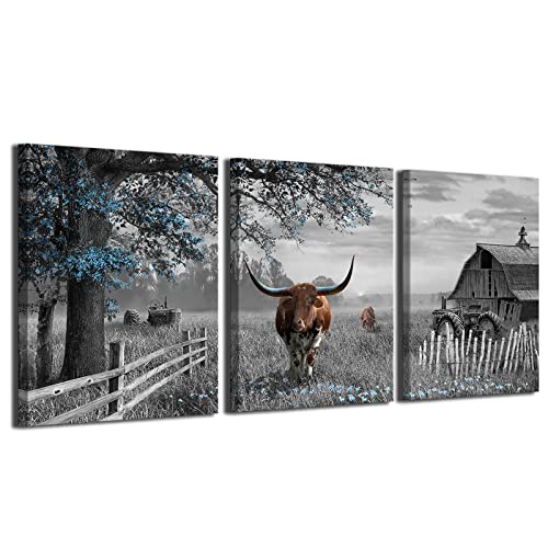 Yiijeah Blue Tree Brown Cow Canvas Wall Art 3 Piece Wall Decor Gray Rustic Dorm Wall Art Farmhouse Canvas Framed Picture Prints Wall Art For Cute Wall Decor For Bedroom Dining Room Pictures Wall Decor #TOP2