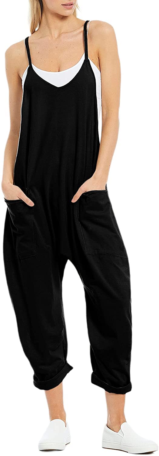 jaffiustjaffiust Women's Loose Casual V Neck Sleeveless Jumpsuits Adjustable Spaghetti Straps Harem Long Pants Overalls With Pockets（Black/2XL）