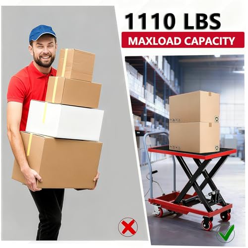 Image of Hydraulic Lift Table Cart, 1100 LBS Load Capacity 32 in Lifting Height, Manual Single Scissor Lift Table with Non-Slip Pad and 4 Wheels,Hydraulic Scissor Cart (1100 LBS - Single - Red Black)