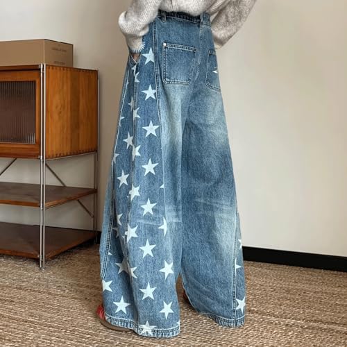 Barrel Jeans Men Stars Print Baggy Skater Denim Pants Y2K Washed Streetwear Barrel Leg Bottoms Loose Fit High Waist Relaxed4