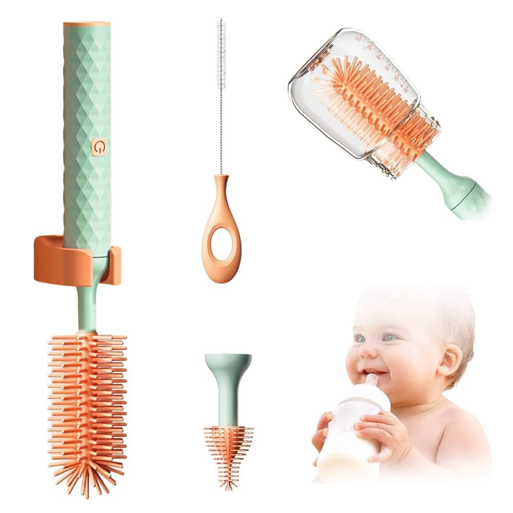 Electric Baby Bottle Brushes, Rechargeable Electric Bottle Brush, Waterproof Bottle Cleaner Brush Wall-Mounted, with Silicone Bottle/Pacifier/Straw Brush, 360° Rotating Cleaning (Green)