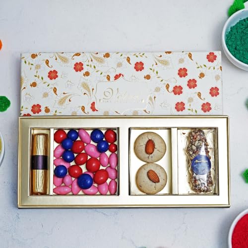 Image of Velvet Fine Chocolates Gift Hamper Chocolate Cheer Box with fruit and nut Log, 50g Assorted Dragees (Rose Almond, Blueberry, Cranberry), 2 Nankhatai for Daughter, and Employees.
