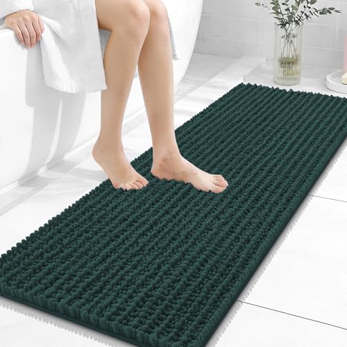 Image of OLANLY Long Bathroom Rugs Runner 47x17, Thick Soft and Absorbent Chenille Bath Mat, Non-Slip, Machine Washable Quick Dry Bath Rugs for Tub Shower Floor, Home Decor Accessories, Blackish Green
