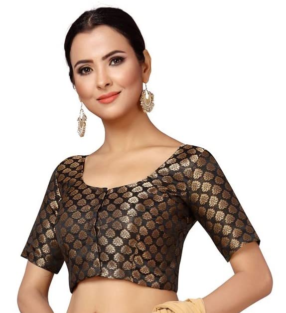 Image of Studio Shringaar Women's Readymade Brocade Short Sleeves Saree Blouse