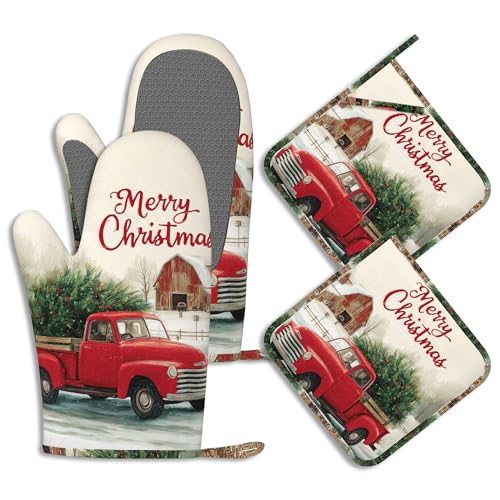 Red Truck Tree Pot Holders and Oven Mitts Set Silicone Winter Merry Christmas Kitchen Gloves Potholders Heat Resistant Washable,Chef Cooking Baking Gifts for Women Men Bakers Lover Cooks
