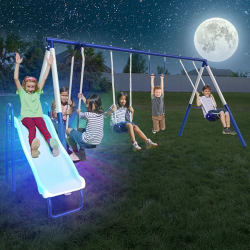 Sportspower Arcadia Star Burst Swing Set: Outdoor Heavy-Duty Metal Playset for Kids with LED Light Up Slide, Swings & Trapeze
