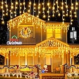 Einiiya Icicle Lights for Outside 33ft 400 LED Icicle Christmas Lights Outdoor 8 Modes with 75 Drops, Plug in Christmas Light for House Party Holiday Fence Xmas Outside Indoor Decorations, Warm White