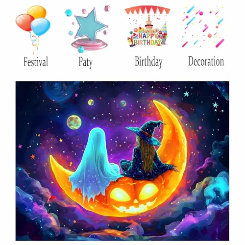 Image of Nuxovilar Spooky Pumpkin Wall Tapestry Polyester 78.74x59.05 In | Glow Poster Trippy Wall Art Holiday Decor UV Backdrop Living Room Bedroom Lounge Space Room (Pumpkin Moon Boat)