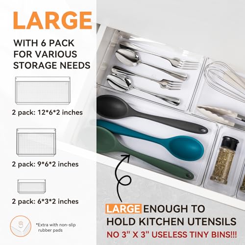 6 Pack Large Clear Plastic Drawer Organizer Trays, Acrylic Kitchen Drawer Organization and Storage Dividers, Non-Slip Storage Bins for Makeup, Kitchen Utensils, Bathroom, Jewelries and Office Desk - Image 3