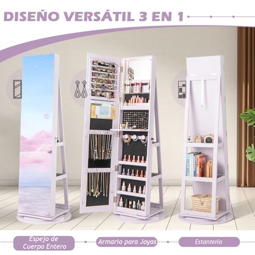 Armario de joyería giratorio con espejo de cuerpo entero y luces LED 7
