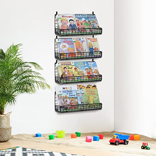 Wall Mounted Metal Kids Bookshelf, Floating Book Shelves For Kids Nursery Toddler Classroom, Hanging Book Shelf Organizer For Room Decor, Black, Set Of 4 #TOP6