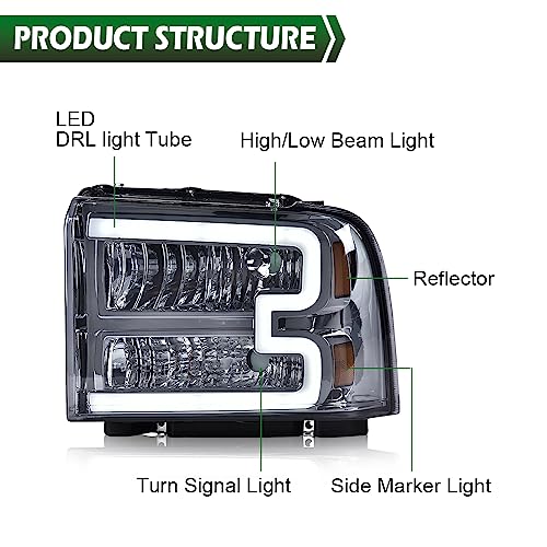 Image of GRAND ORANGE LED DRL Headlights, Compatible with Ford F250 F350 F450 F550 Super Duty 2005-2007, Fit Ford Excursion 2005, Left Driver & Right Passenger, Smoky Lens Chrome Housing Amber Reflector