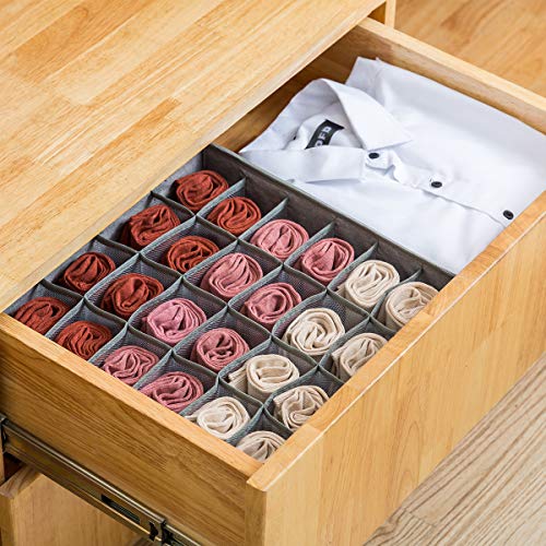 Qozary 2 Pack Socks Underwear Drawer Organizer Divider, 24 Cell Or 16 Cell Collapsible Cabinet Closet Organizer Storage Boxes For Clothes, Socks, Lingerie, Underwear, Ties (Gray, 24+24 Cell) #TOP2