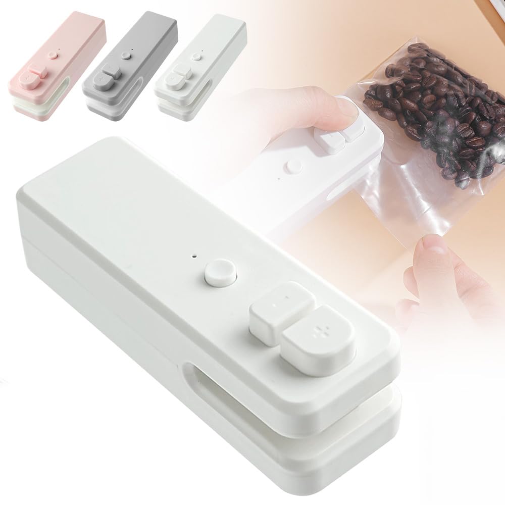 Mini Bag Sealer, 2025 Upgrade 2 in 1 Heat Sealer with Cutter USB Rechargeable Mini Sealing Machine Heat Seal Tool, Portable Vacuum Food Sealer Bag Sealing Machine for Plastic Bags Snack Bags (White)