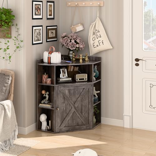 Image of Halitaa Corner Storage Cabinet, Farmhouse Corner Bookshelf with Storage 6-Cubby Wooden Cabinet with USB Ports and Outlets Industrial Organizer for Small Space, Study, Playroom, Living Room