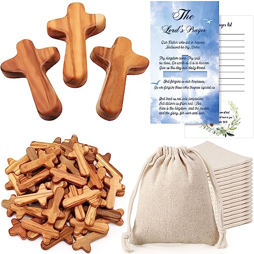 Chuangdi 50 Sets Small Olive Wood Comfort Crosses with Cotton Linen Bags and Prayer Cards 2.5 Inch Caring Jesus Pocket Holding Hand Crosses Bulk Gift for Prayer