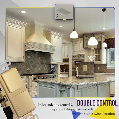 ENERLITES Elite Series Double Decorator Switch with Screwless Wall Plate, Combination Paddle Switch, Ground Terminal, Single Pole, Residential Grade, 15A 120V-277V, 62834-GDWP, Gold with Wall Plate