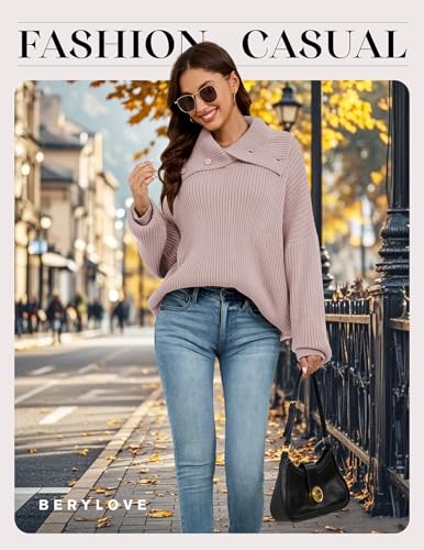 BeryLove Women's Casual Turtleneck Long Sleeve Fall Cable Oversized Pullover Sweater Tops4