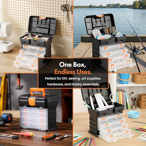 VonHaus Multi-purpose Fishing Tackle Storage Box, Crafts or Tool Organizer - 4 Removable Trays & Adjustable Dividers (10.9 x 10.1 x 6.9 inches - Black/Orange