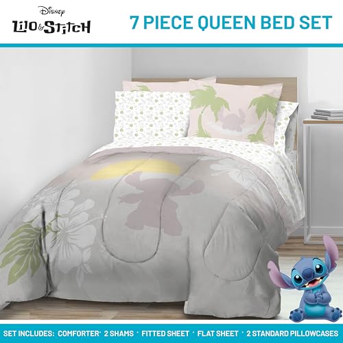 Image of Disney Lilo and Stitch Queen Comforter Set 7 Piece Cartoon Bedding, Beige | Bed in a Bag, Comforter Sheets Shams Pillowcases, Official Product, Soft Microfiber, Machine Washable, Girls Gift