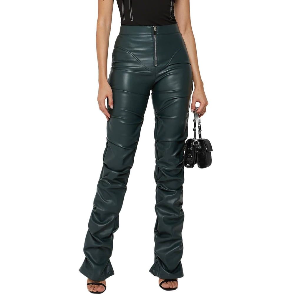 Womens PU Leather Pants High Waist Straight Leg Ruched Sexy Leggings Y2k Stretchy Zip Up Trendy Pleather Pant