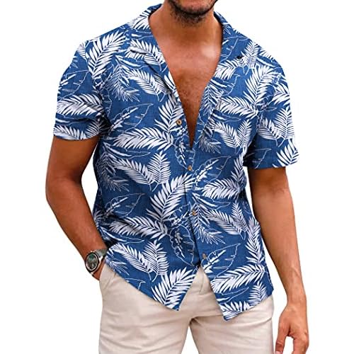 COOFANDY Men's Hawaiian Floral Shirts Cotton Linen Button Down Tropical Holiday Beach Shirts Small A- Palm Leaf