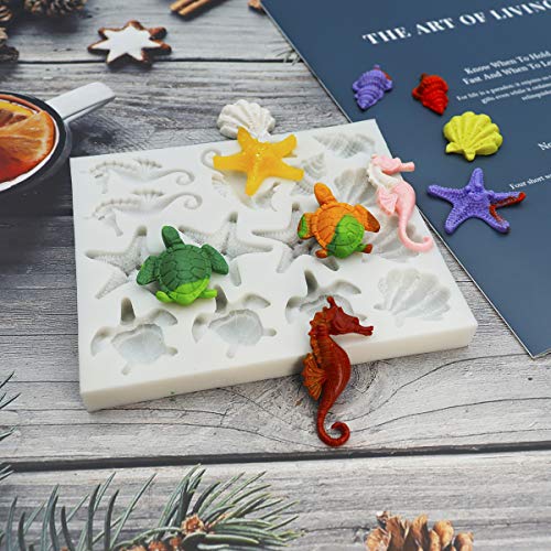 Image of Sakolla Marine Theme Fondant Silicone Molds, Seashell, Conch, Seahorse, Starfish, Tortoise Silicone Mold for Cake Decoration, Chocolate Candy Sugar Craft