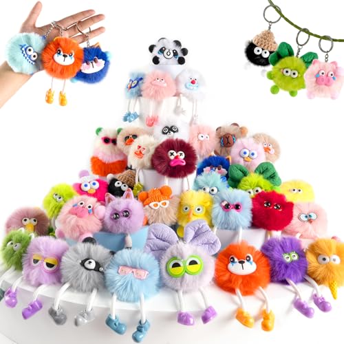 Plush Keychains Bulk for Kids 36Pcs Cute Fuzzy Pom Pom Ball Keychain Toys with Legs Back to School Party Favor for Boys Girls Kids Classroom Gifts Prizes Xmas Gift Goodie Bag Filler Backpack Charms