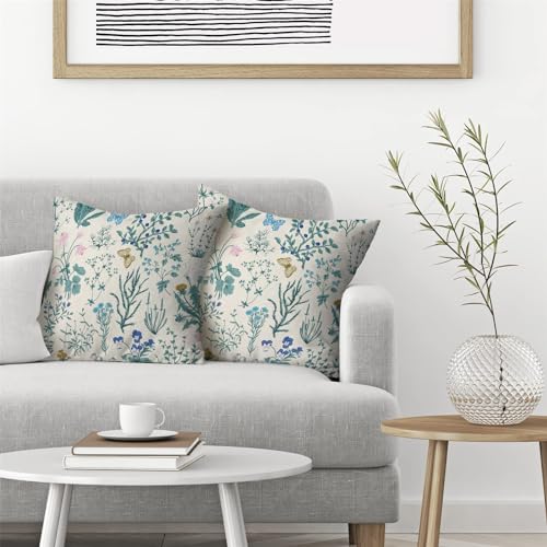 Image of AEIOAE Spring Pillow Covers 24x24 Inch Set of 2,Blue Teal Wild Flower Plant Throw Pillows Case,Seasonal Floral Outdoor Decorative Square Linen Farmhouse Decor Cushion Covers for Home Sofa Bed Couch