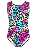 TENVDA Girls Gymnastics Leotards Size 6-7 Years Old Sparkly Colorful Leopard Print Tumbling Outfit Workout Bodysuits