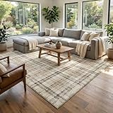MilleLoom Area Rugs 6x9 Washable Living Room Rug Non Slip Plaid Distressed Carpet Modern Checkered Soft Low Pile Floor Cover Non-Shedding Thin Foldable Indoor Rugs for Bedroom Nursery Beige