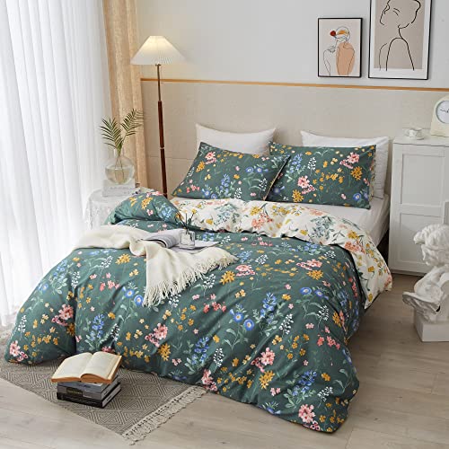 Image of PinkMemory Green and White Floral Duvet Cover King 100% Cotton Reversible Green and White Flower Pattern Bedding Set King with Pillowcases for Teens Adult Zipper Closure