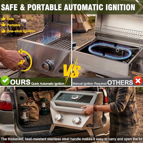 Image of BESTFIRE 2-in-1 Portable Propane Grill, 20,000 BTU 2-Burner Tabletop Gas Grill for Camping & RV, Stainless Steel BBQ with Viewing Glass Lid, Thermometer & Dual-Gas Connection