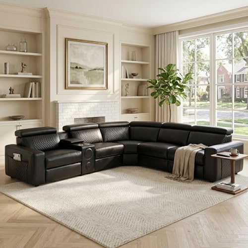 Image of Power Recliner Sectional Sofa, L-Shaped Living Room Furniture Set, Reclining Sectional Couch with Storage Console /Cup Holder for Living Room /House /Apt (Black, 5 Seater)