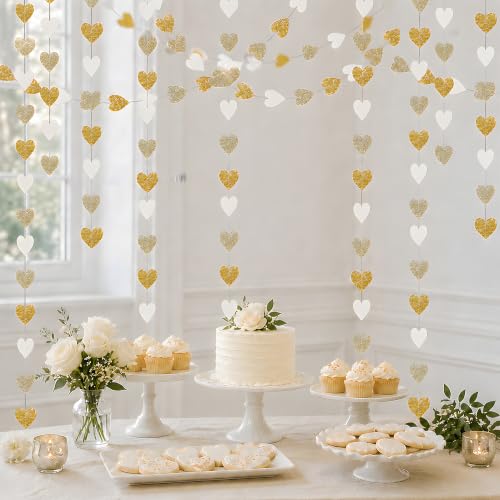 Image of Engagement Party Decorations - White Gold Champagne Heart Streamers Garland