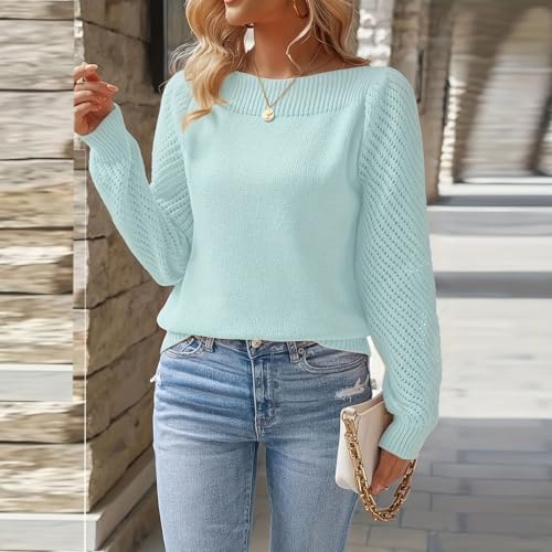 Womens Fall Long Sleeve Solid Color Sweaters Casual Outfits Puff Sleeve Knitted Pullover Jumper Tops2