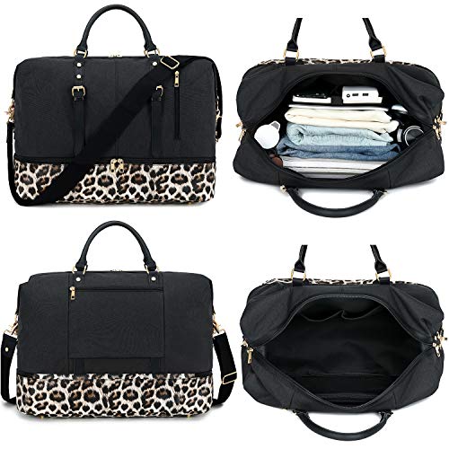 Canvas Overnight Bag Travel Duffel Genuine Leather for Men and Women Weekender Tote (Y-Black)